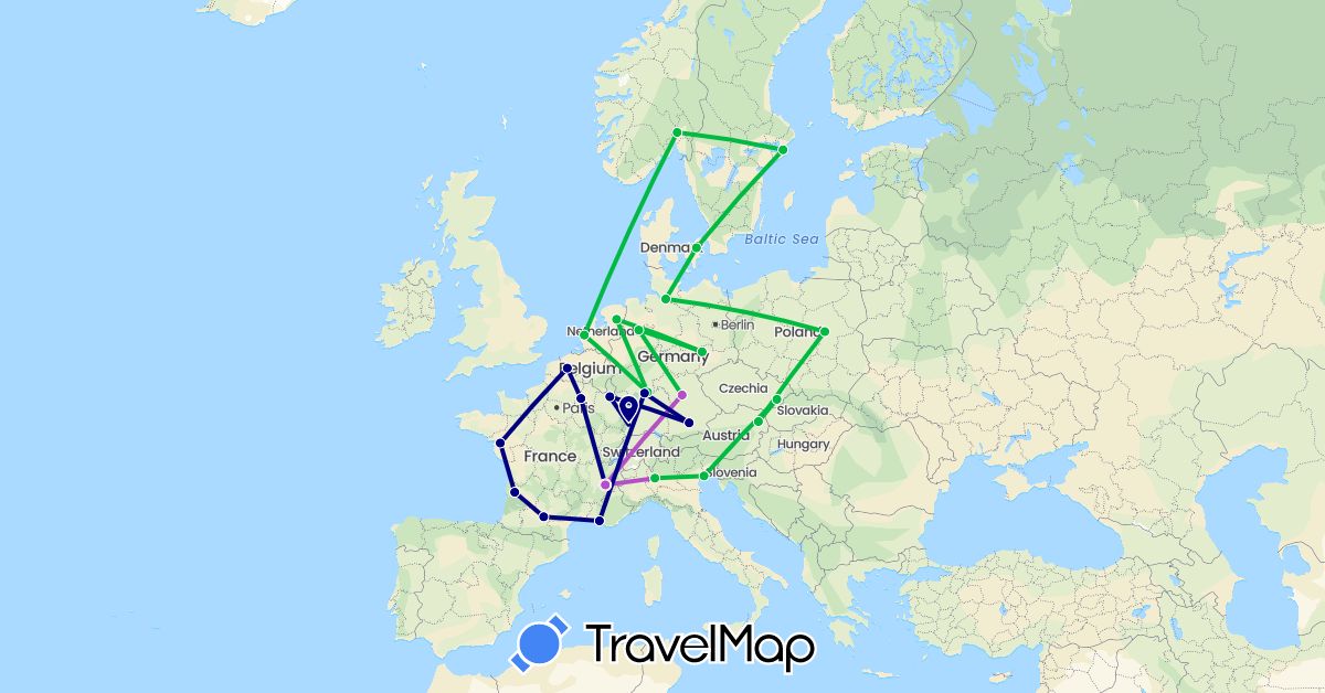 TravelMap itinerary: driving, bus, train in Austria, Czech Republic, Germany, Denmark, France, Italy, Netherlands, Norway, Poland, Sweden (Europe)